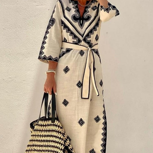Women's Ethnic Geometric Print V-Neck Boho Dress with Belt