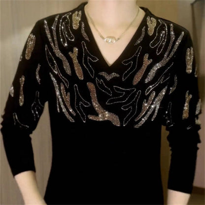 Sparkly V-Neck Knit Pullover for Women