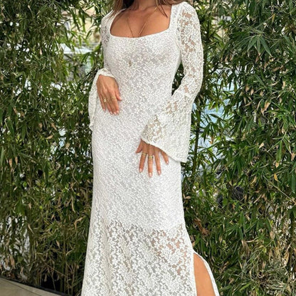 Lace Flared Sleeves Split Hem Waisted Dress