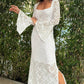 Lace Flared Sleeves Split Hem Waisted Dress