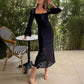 Lace Flared Sleeves Split Hem Waisted Dress