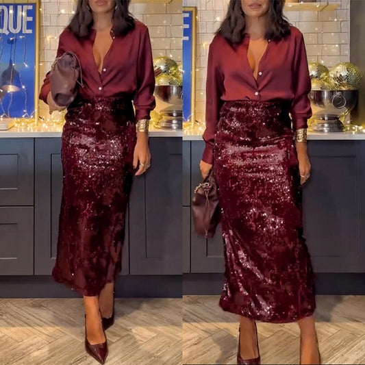 Women's Elegant Top & Sequin Skirt 2-Piece Set