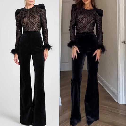 Women’s Belted Flare Jumpsuit with Long Sleeves
