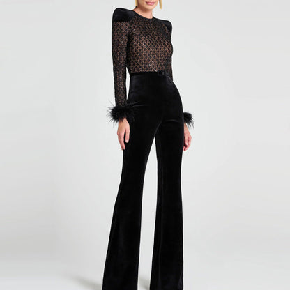 Women’s Belted Flare Jumpsuit with Long Sleeves