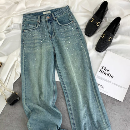 Rhinestone High Waisted Straight Leg Jeans