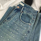 Rhinestone High Waisted Straight Leg Jeans