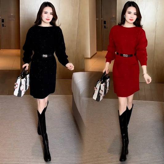 Round Neck Long Sleeve Sweater Dress