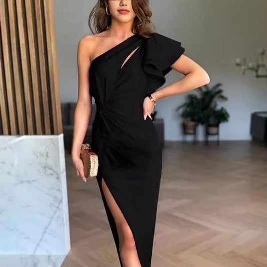 Sloped Shoulders Cut-Out Ruffle Sleeve Dress