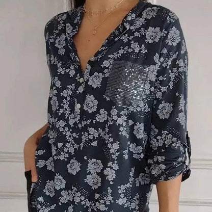 Women's Floral Print Long Sleeve Blouse with Sequin Pocket