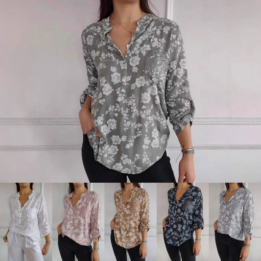 Women's Floral Print Long Sleeve Blouse with Sequin Pocket