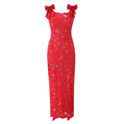 Elegant Bow Split Lace Dress