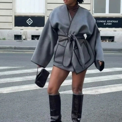 Women's Chic Gray Wrap Coat with Belt