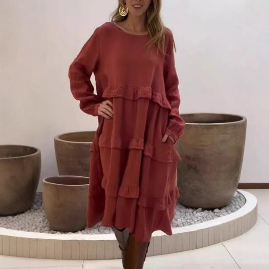 Women's Long Sleeve Round Neck Ruffle Dresses