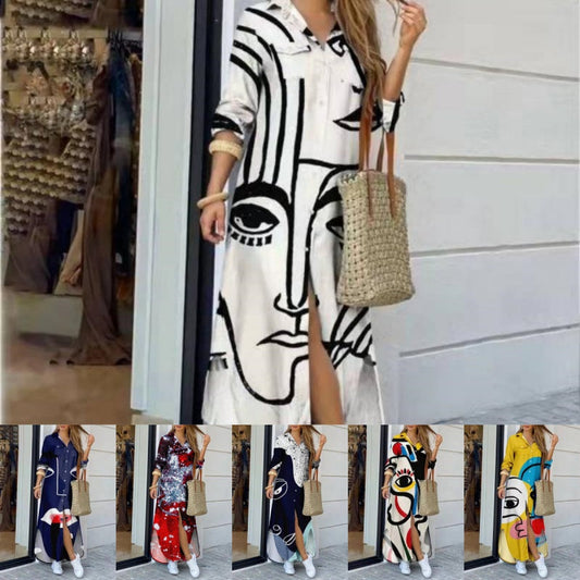 Women's Colorful Abstract Print Maxi Dress with Side Slits