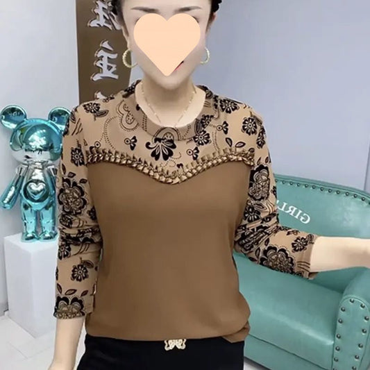 Women’s Mesh Long-Sleeve Round Neck Print Tops
