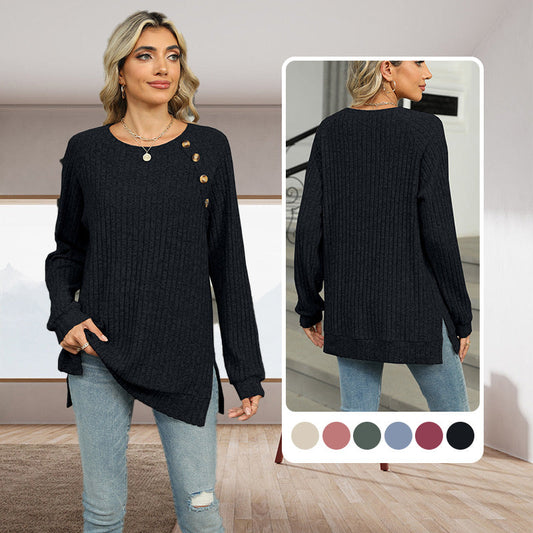 Round Neck Solid Color Split Hem Knit Top
