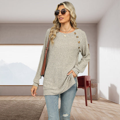 Round Neck Solid Color Split Hem Knit Top