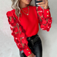 Women’s Flower Mesh Long-Sleeve Round Neck Tops