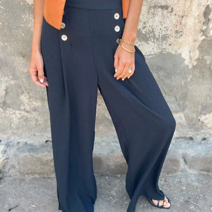 Elastic Waist Button Loose Wide Leg Pants