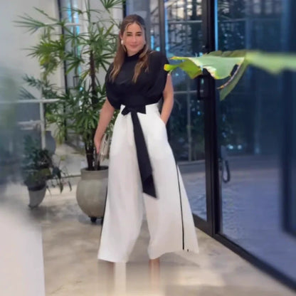 Drawstring Waist Slimming Top & Wide-Leg Pants Set