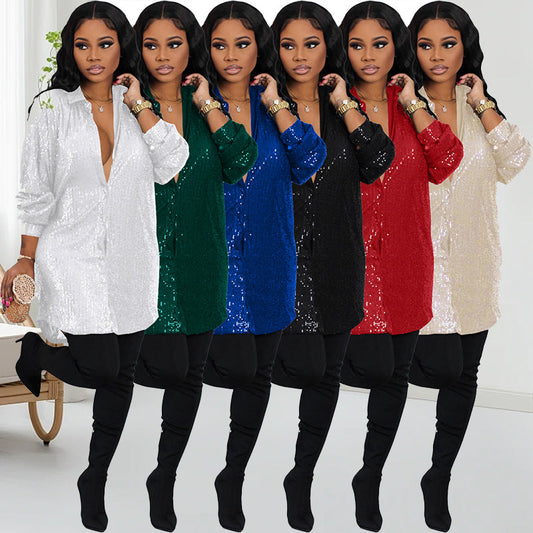 Women's Shiny Sequins Mid-Length Shirt
