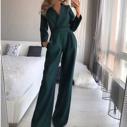 Women’s V-Neck Nipped Waist Wide-Leg Jumpsuit