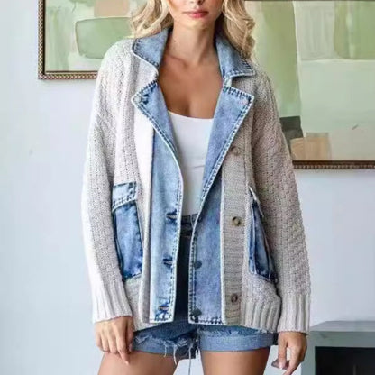 Women’s Denim-Patchwork Knitted Sweater Jacket