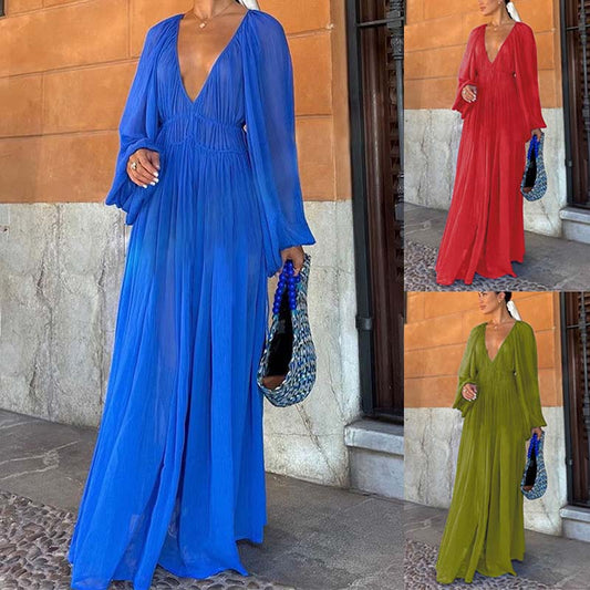 Flowy Chiffon Deep V-Neck Floor-Length Dress