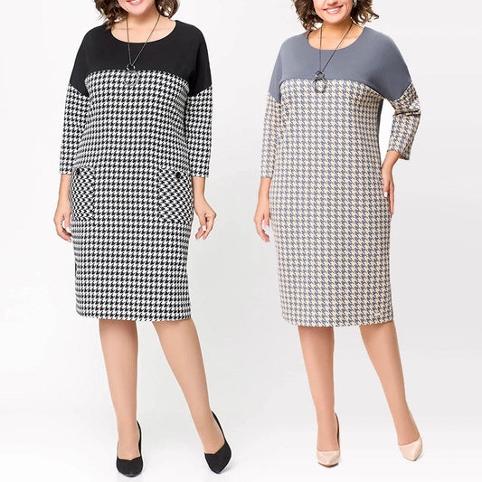 Women's Long Sleeve Houndstooth Patchwork Dress