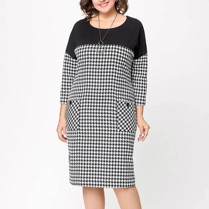 Women's Long Sleeve Houndstooth Patchwork Dress