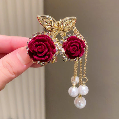 Elegant Velvet Rose Hair Clip with Pearls