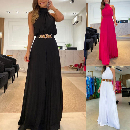 Halterneck sleeveless sexy jumpsuit with wide legs