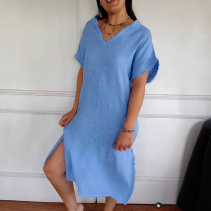 Casual Cotton Linen V-Neck Tassel Slit Dress