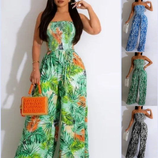 Women's Printed Off-Shoulder Strapless Wide-Leg Jumpsuit
