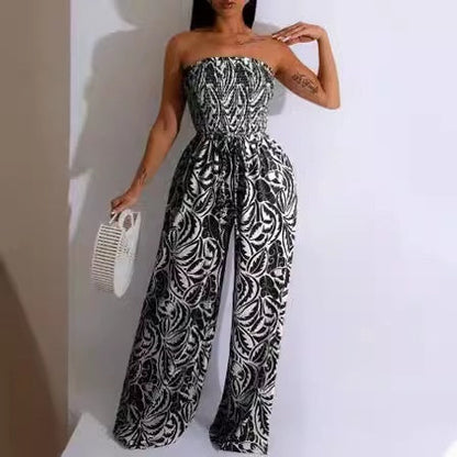 Women's Printed Off-Shoulder Strapless Wide-Leg Jumpsuit