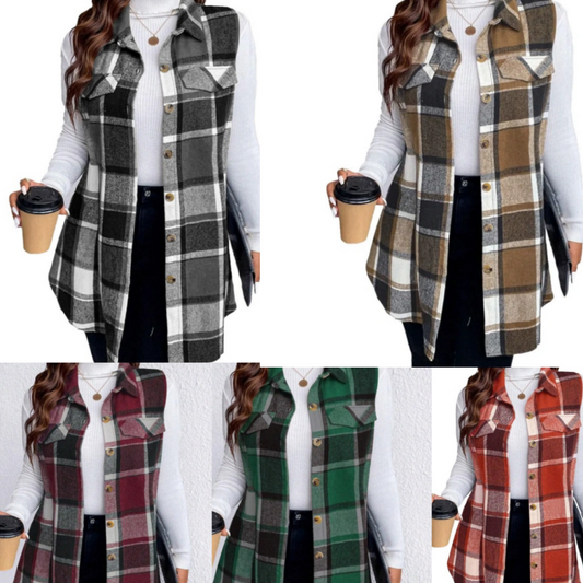 Women's Plaid Button Down Vest Shirt with Pockets