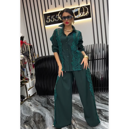 Chic Lace Patchwork Shirt & Wide-Leg Pants 2-PCS Set