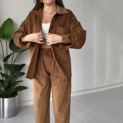 Solid Set Lapel Top & Straight Leg Pants