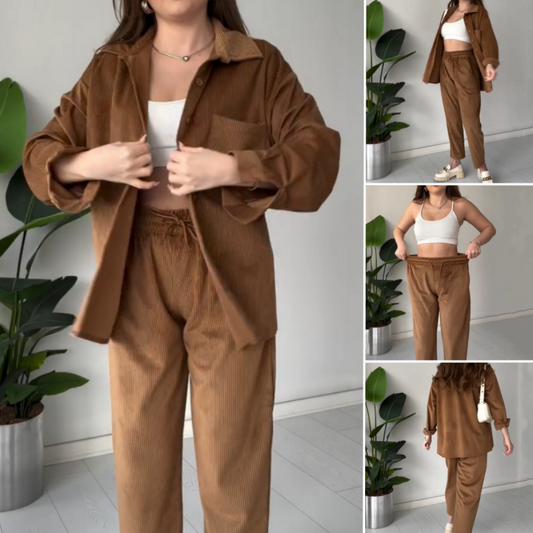 Solid Set Lapel Top & Straight Leg Pants