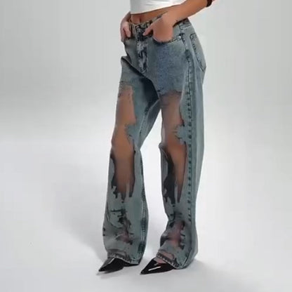 🌸NEW HOT SALE💥Women's Vintage Mesh Patchwork Printed Jeans👖