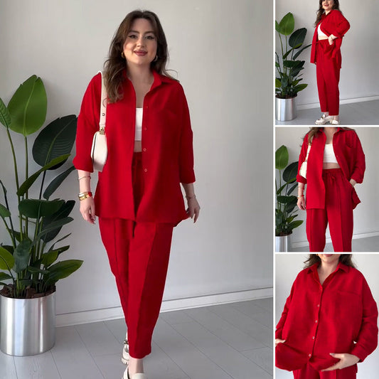 Solid Color Shirt & High Waist Wide Leg Pants 2-PCS Set