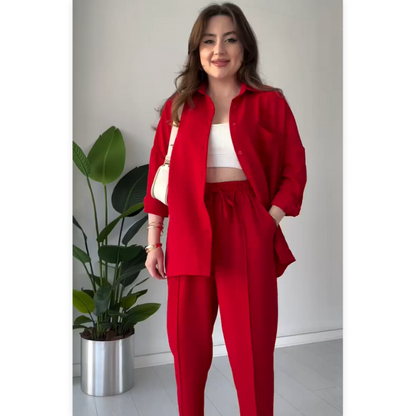 Solid Color Shirt & High Waist Wide Leg Pants 2-PCS Set