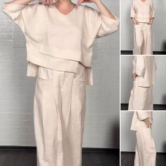 V-Neck Three-Quarter Sleeve Top & Pocket Wide-Leg Pants 2PCS Set