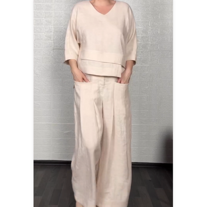 V-Neck Three-Quarter Sleeve Top & Pocket Wide-Leg Pants 2PCS Set