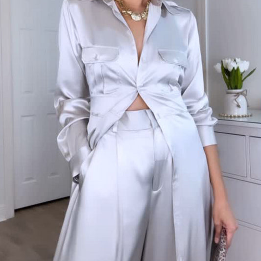 Women's Solid Color Glossy Lapel Long Two-Piece Suit