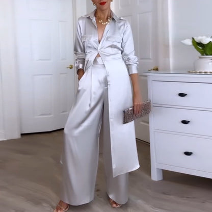 Women's Solid Color Glossy Lapel Long Two-Piece Suit