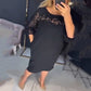 Women’s Elegant Black Midi Dress with Sheer Lace Panel