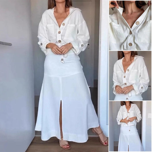 Women's Solid Color Button Long Sleeve Top & Skirt Two Piece Set