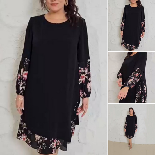 Women's Round Neck Waist-Tied Long Sleeve Midi Dress