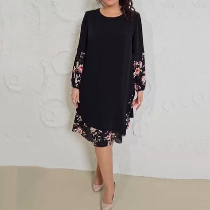 Women's Round Neck Waist-Tied Long Sleeve Midi Dress